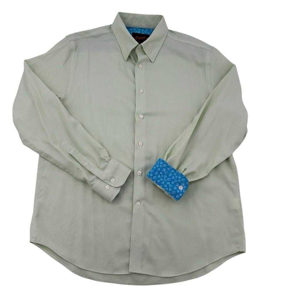 Egara Mens Modern Fit Stretch Dress Shirt L Light Green Non Iron Contrast Cuffs